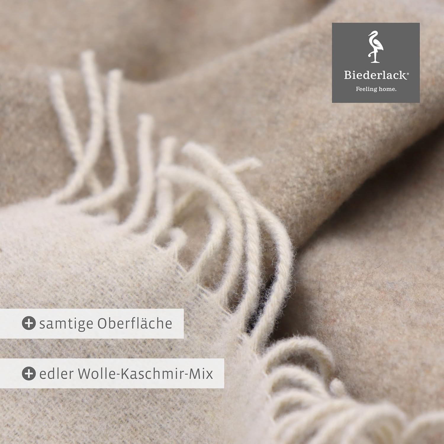 biederlack® samt weiche Kuscheldecke Wool-Mix Natur-Sand I aus Wolle & Kaschmir I Öko-Tex Zertifiziert I Plaid in 130x170 cm | geeignet als Tagesdecke & Sofa-Decke | Wohn-Decke in top Qualität