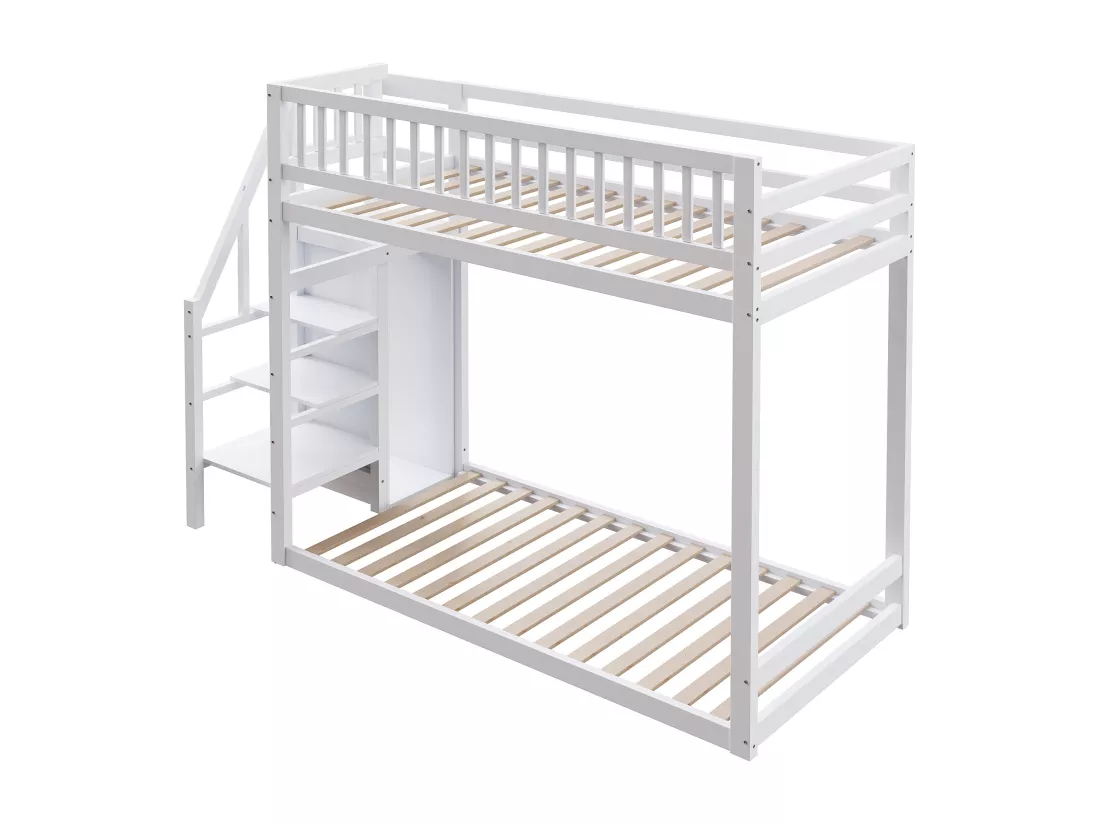 Lits superposés 2 x 90 x 200 cm avec armoire et échelle - Pin+MDF - pour enfant - Blanc (sans matelas)