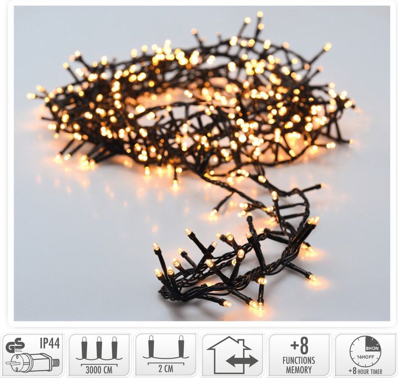 Microcluster Kerstverlichting- 1500 led - 30m - extra warm wit -Timer - Lichtfuncties-Geheugen -Buiten