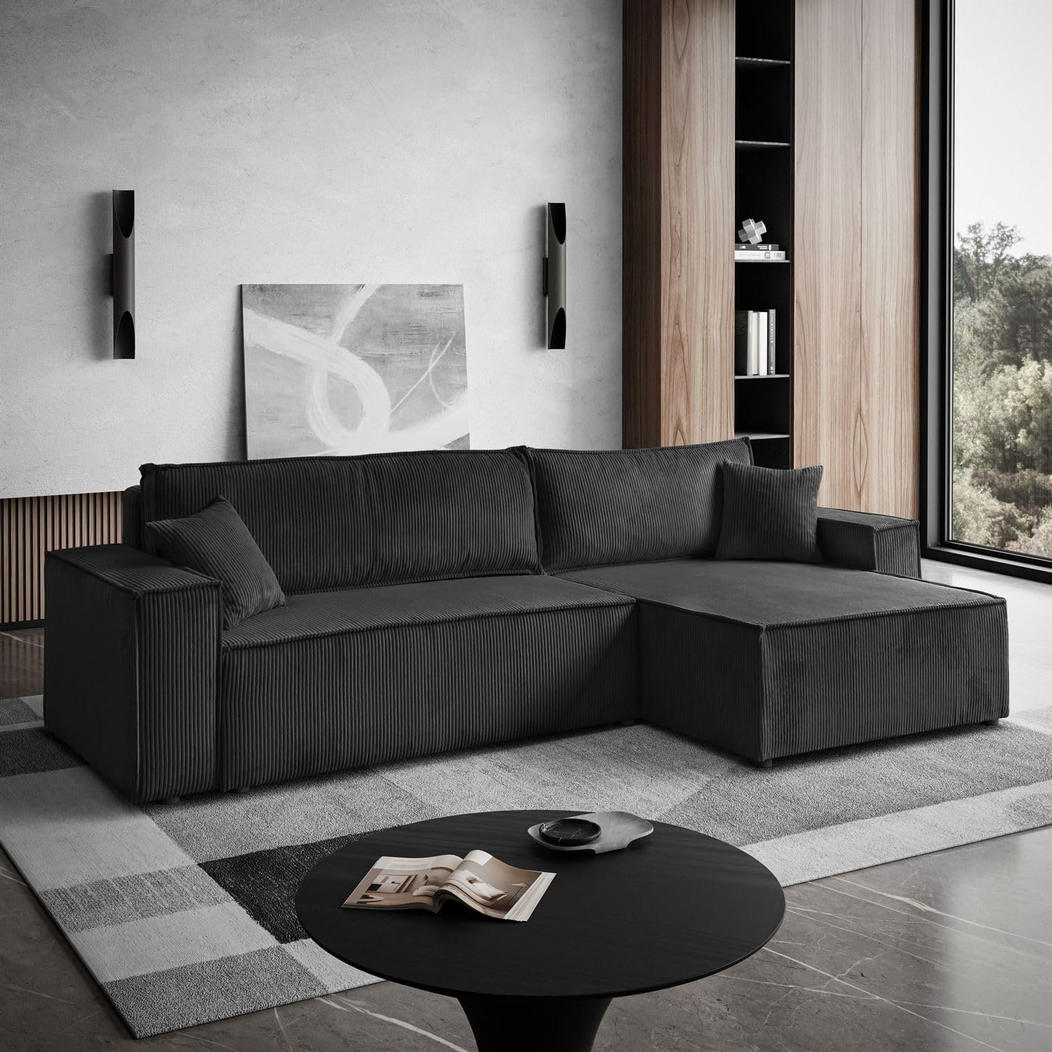 Lookway Ecksofa Carlos XL – Großes, modernes Ecksofa mit Schlaffunktion 130x230 cm und Bettkasten | Universelles Schlafsofa für Wohnzimmer, Bequeme Polsterecke (Dunkelgrau - Poso 34)