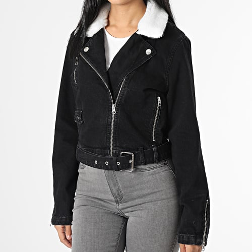 Veste Biker Jean Femme Col Fourrure Hadley Noir