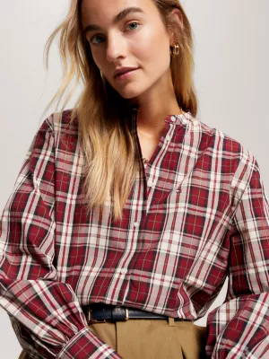 Camisa cropped sem gola com estampa xadrez tartan