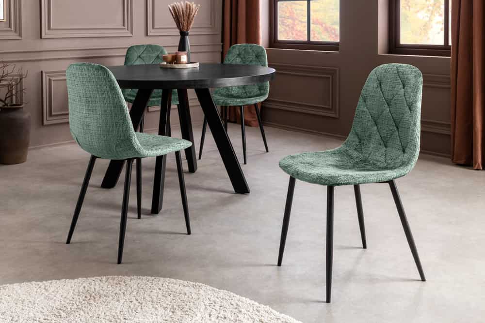 Stilvoller Stuhl GLAMM grün Chenille Cremona mit Rauten-Steppung schwarze Metallbeine