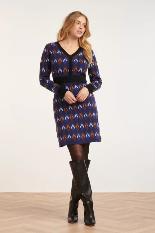 Smashed Lemon Kaya Leaf gebreide jurk in blauw en bruin