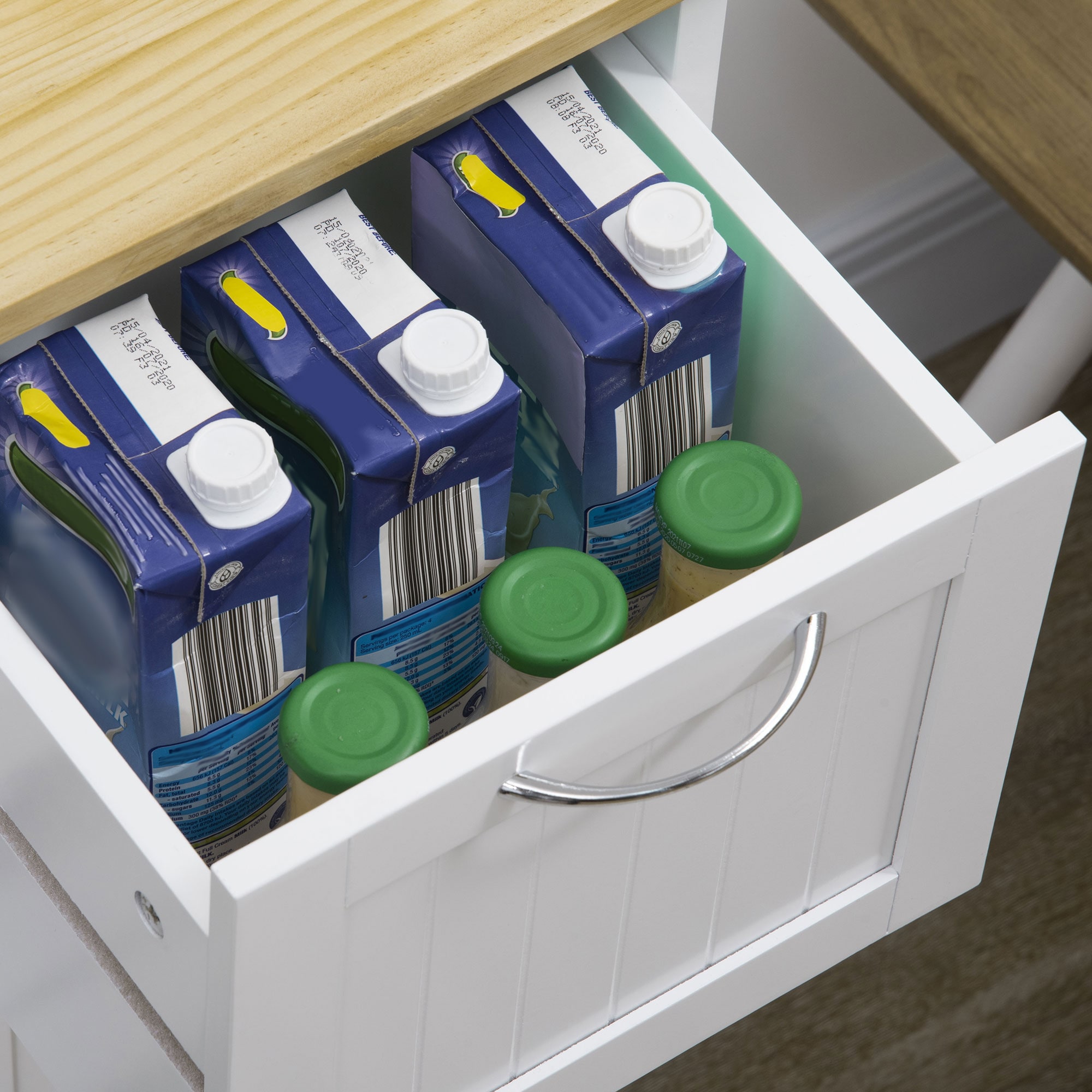 HOMCOM Küchenwagen mit drei großen Schubladen und 3 Ablagefächern natur, weiß 67L x 37B x 84H cm