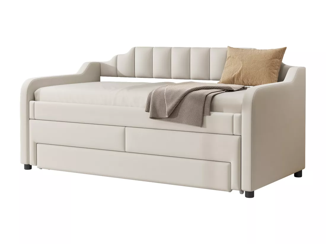 Lit gigogne 90 x 200 cm + 90 x 190 cm avec 3 tiroirs, lit de repos - tissu en cotton lin - coloris beige