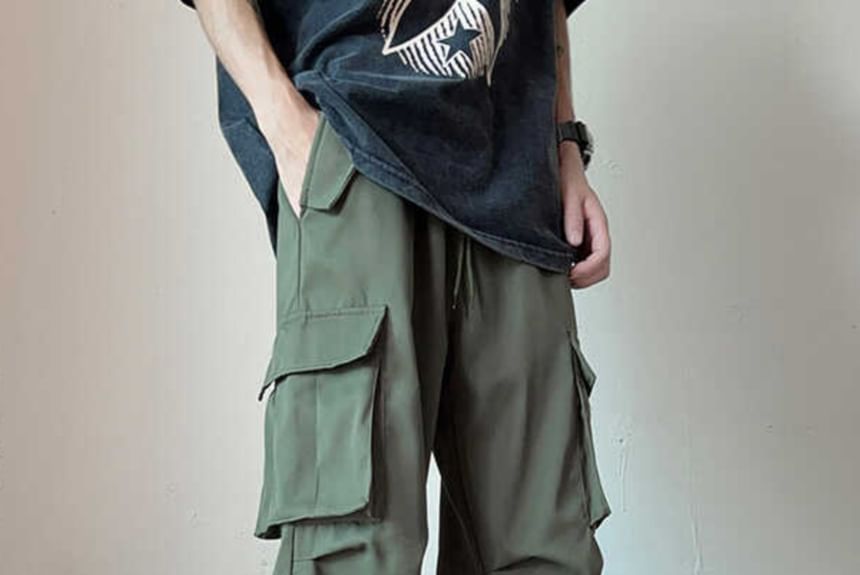 Fushet - Effen cargobroek met elastische taille en rechte pijpen