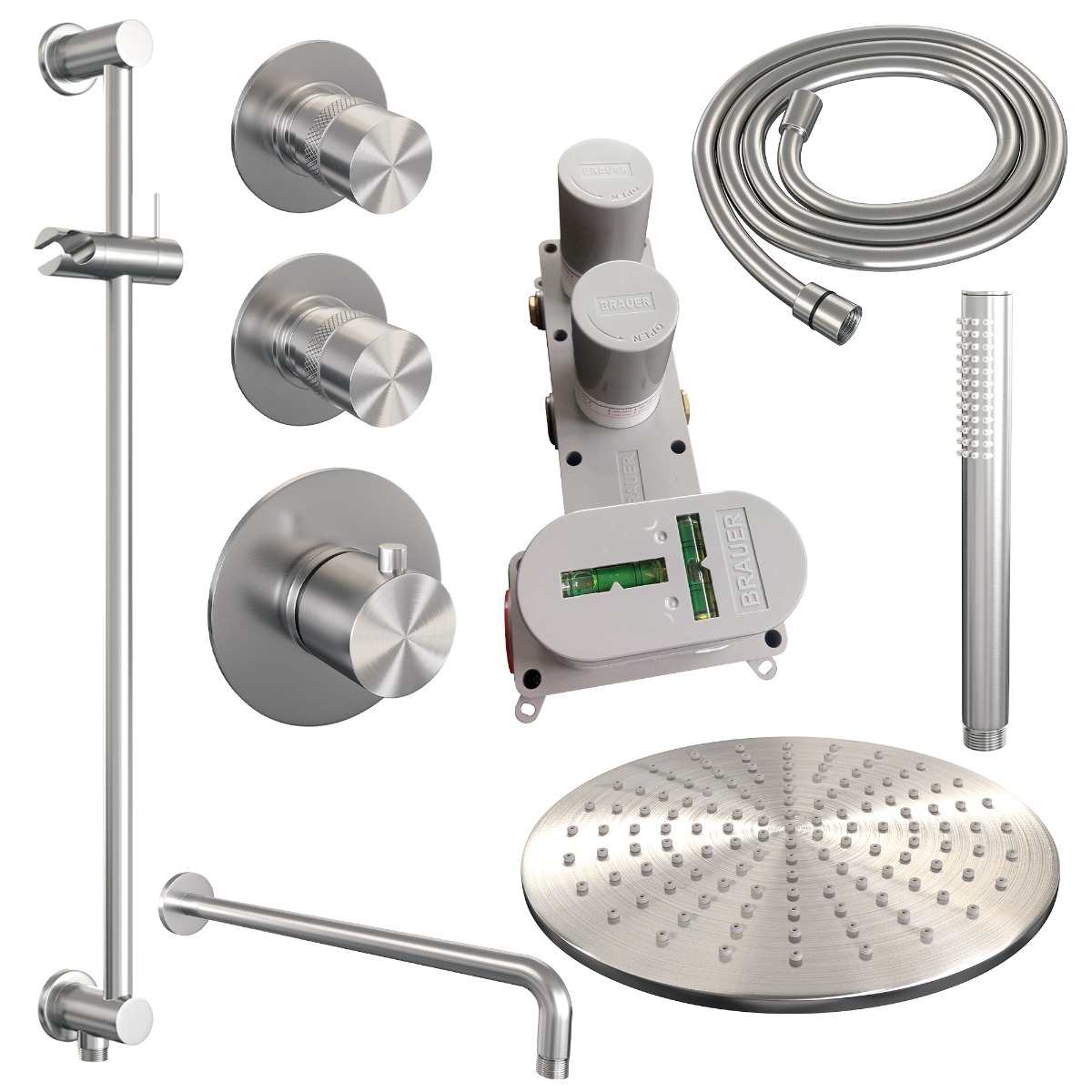 Brauer Brushed Edition complete inbouw regendouche met staafhanddouche, gebogen wandarm, glijstang en hoofddouche 30cm set 16 RVS geborsteld PVD