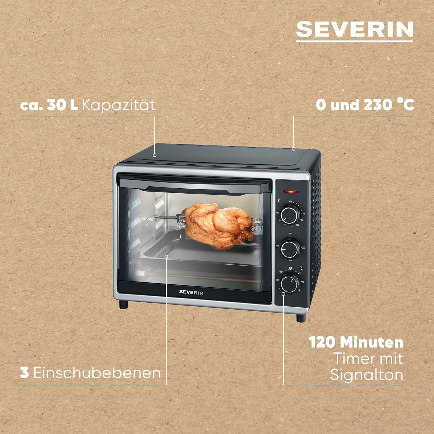 SEVERIN Back- und Toastofen mit Umluftfunktion, Mini Backofen mit Grillrost und Backblech, 30 L Kapazität, 1.600 W, silber /schwarz, TO 2056