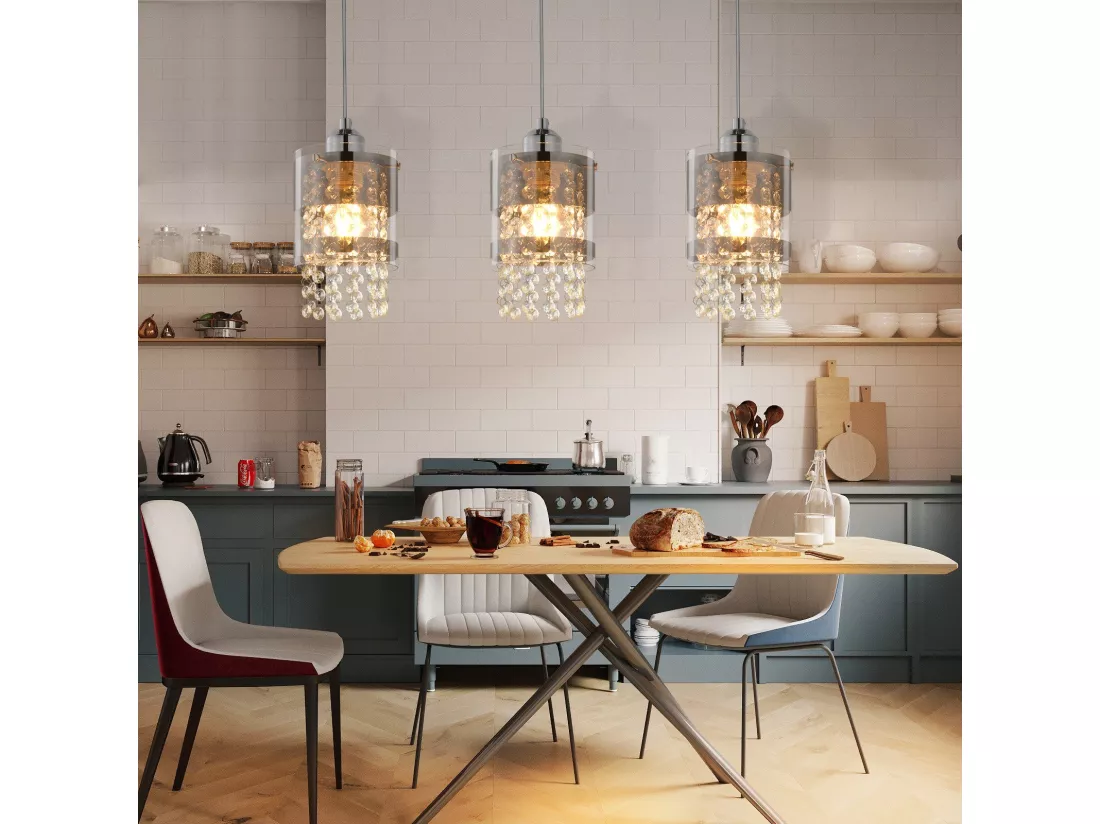 NETTLIFE Suspension 3 Ampoules E27 Moderne Diam.60CM Hauteur Réglable Design Verre et Cristal pour Salon Chambre Cuisine Salle à Manger Max.25w