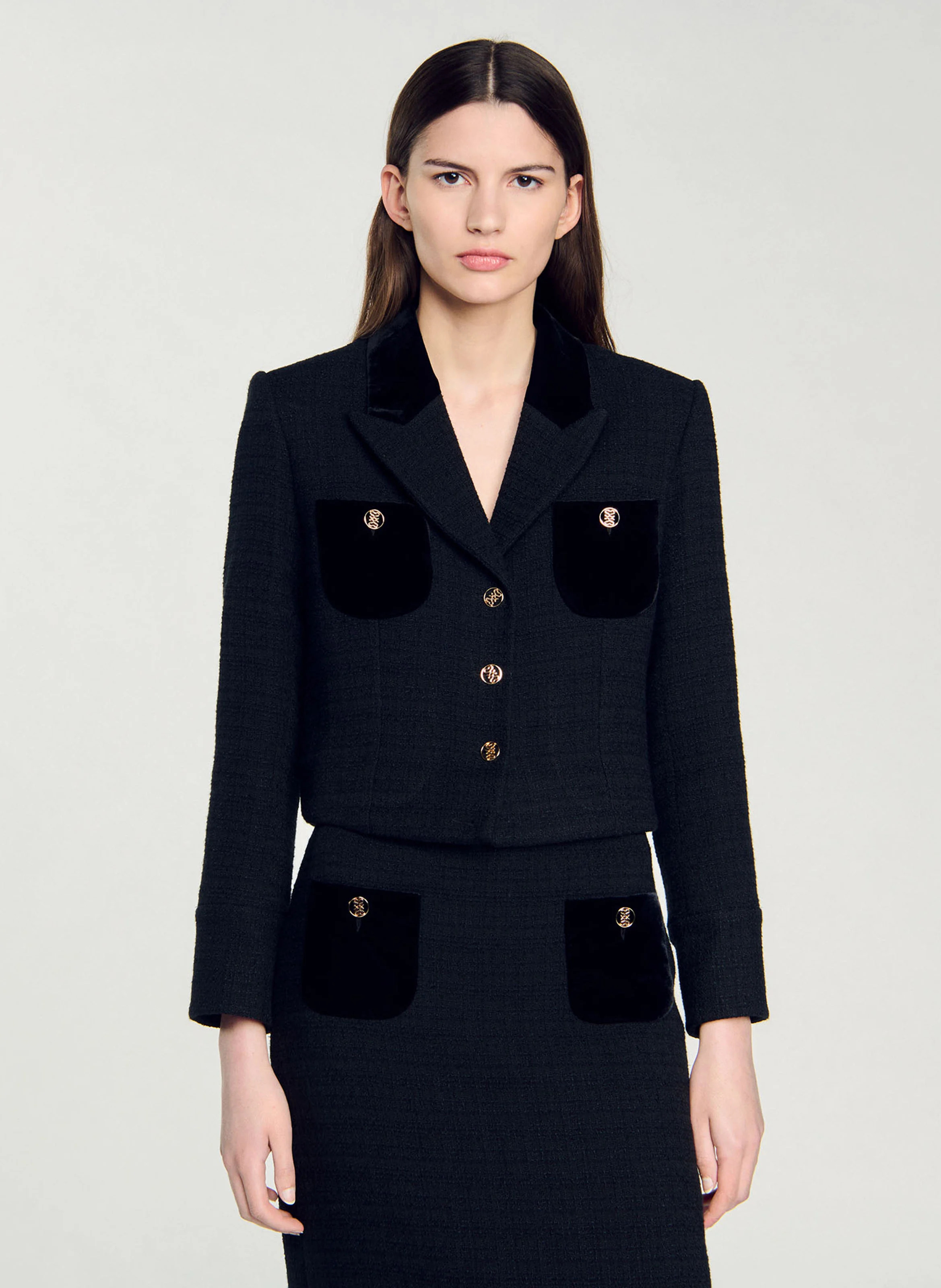 Veste courte col tailleur en coton mélangé | Noir