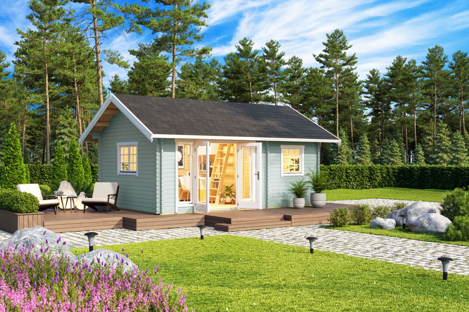 Gartenhaus CAROLINE 2.1 - gletschergrün - Fichte massiv - 575x390 cm
