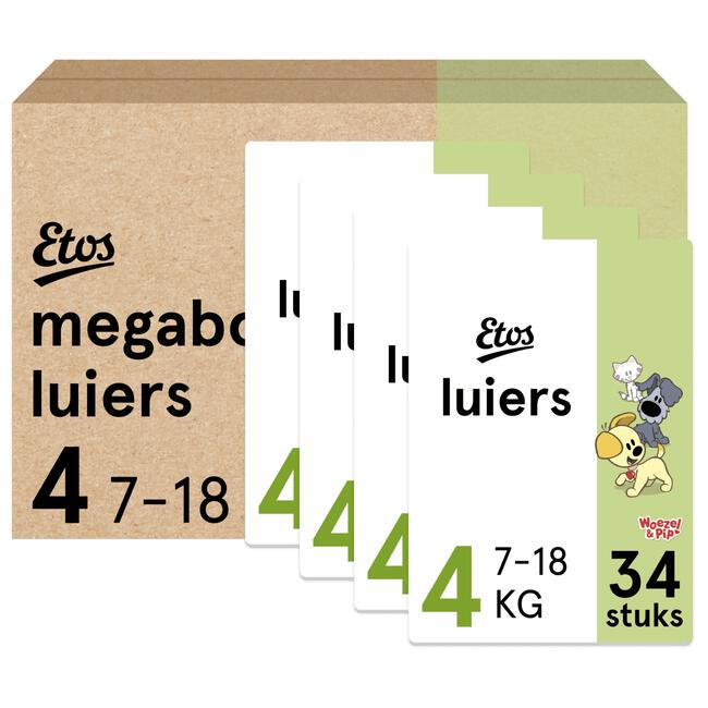 Etos Woezel & Pip Luiers Maxi Maat 4 7-18 kg Megabox 4x34 stuks