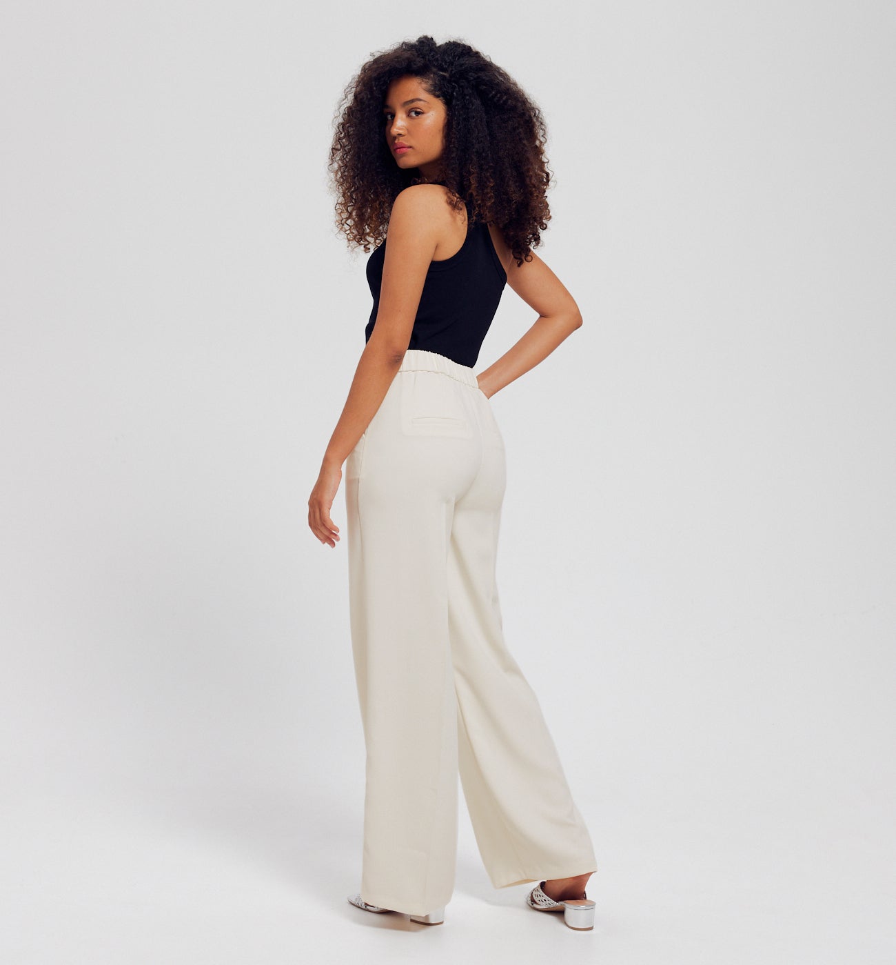 Pantalon large taille haute - Ecru