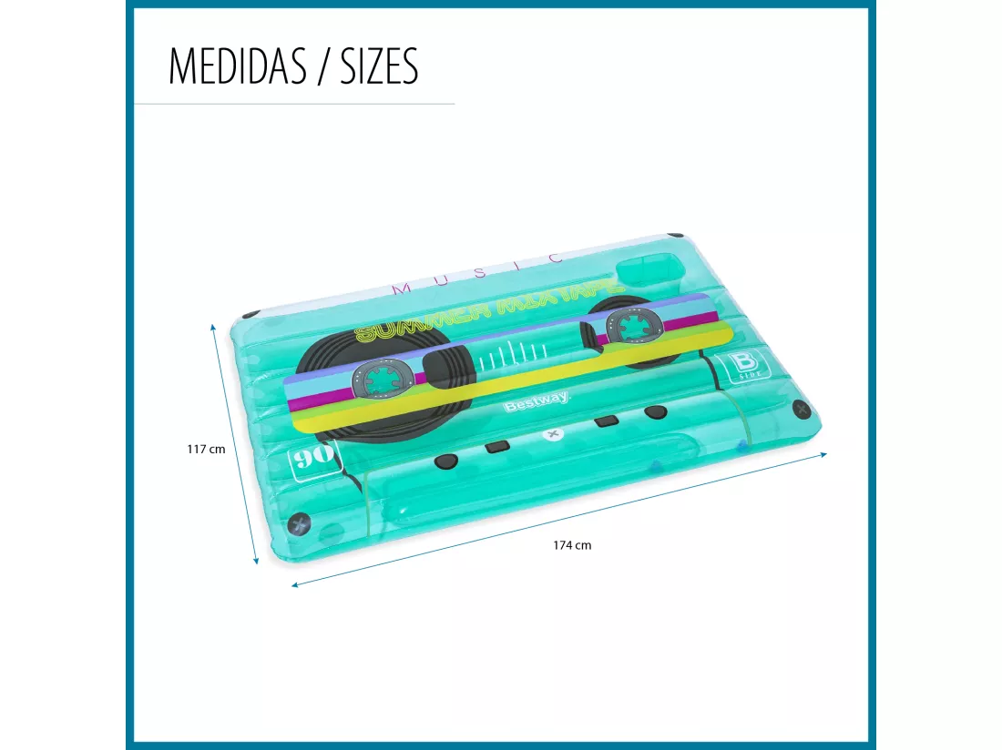 Matelas Gonflable pour Plage ou Piscine Bestway Retro Beats 174x117 cm avec Design Multicolore en Forme de Cassette Audio