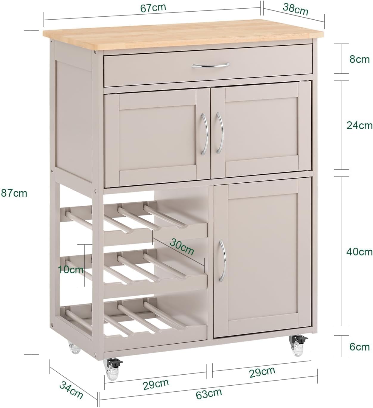SoBuy Küchenwagen mit Arbeitsplatte Servierwagen mit Rollen Rollwagen mit Schubladen, Weinregal Kücheninsel Küchenschrank Küchenregal stehend Möbel für Esszimmer & Outdoor Khaki 67x86x38 cm FKW45-KA