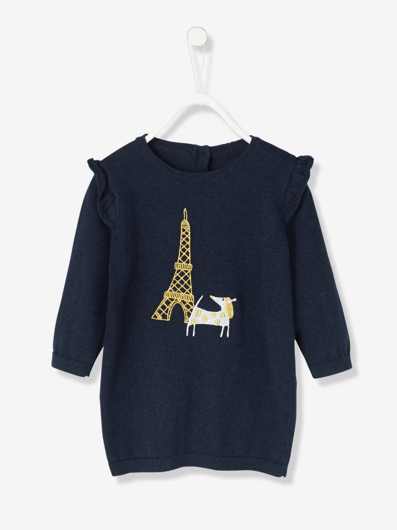 Vestido de bebê em malha com bordado de cachorro azul escuro