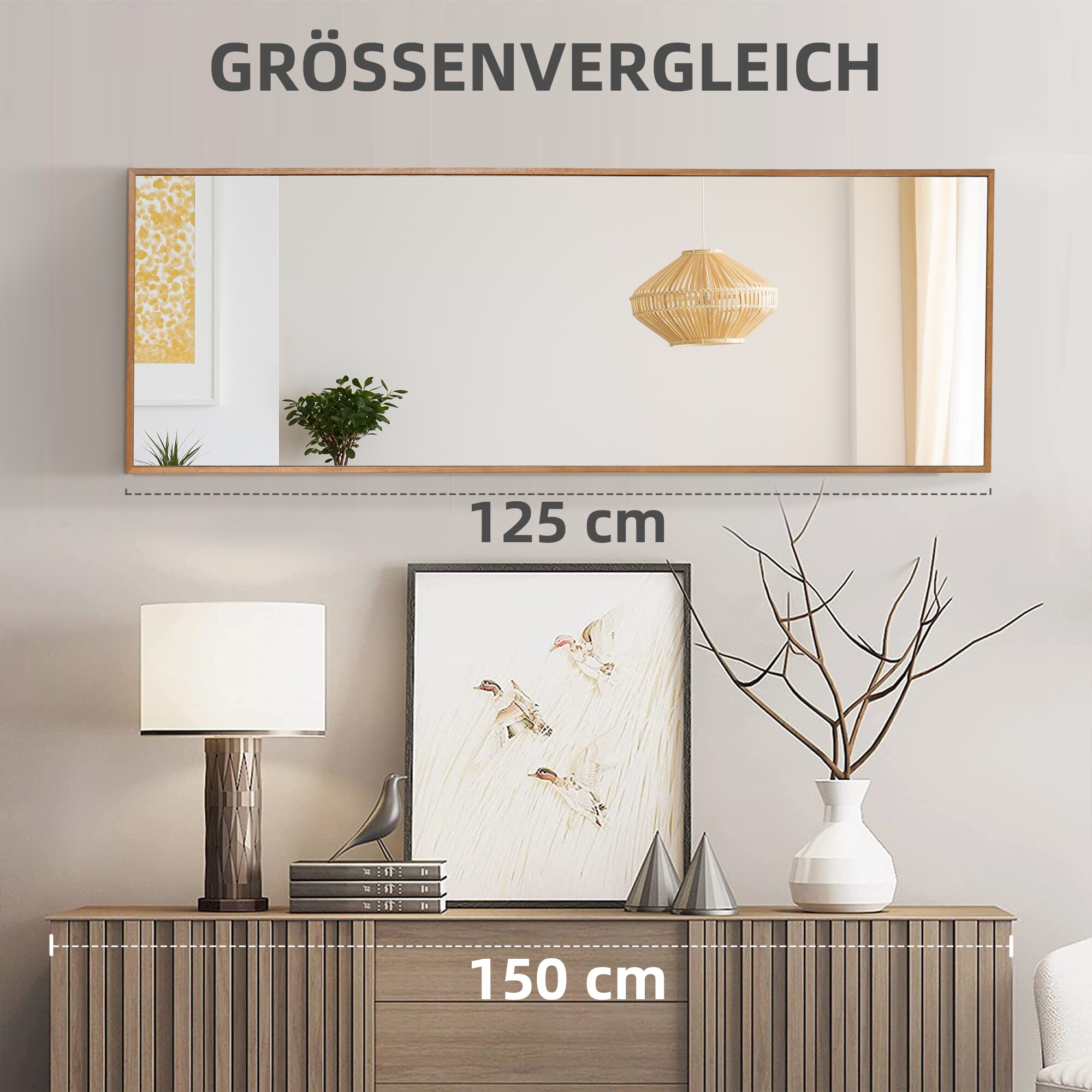 HOMCOM Wandspiegel mit Holzrahmen natur 45L x 4,8B x 125H cm