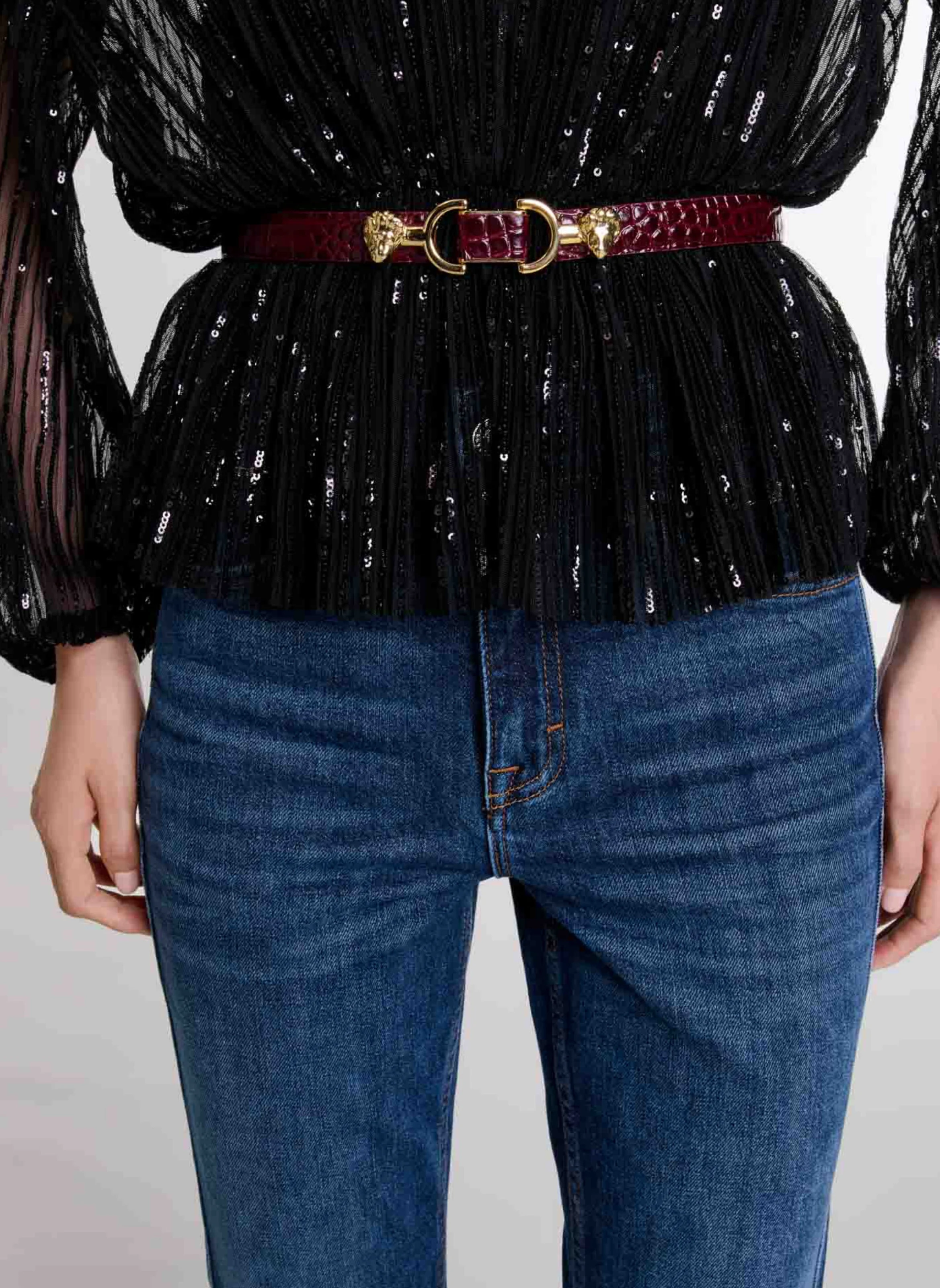 Ceinture fine en cuir embossé croco | Rouge