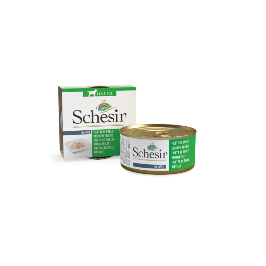 Schesir Frango Adulto em lata de gelatina, 150g, para cães.