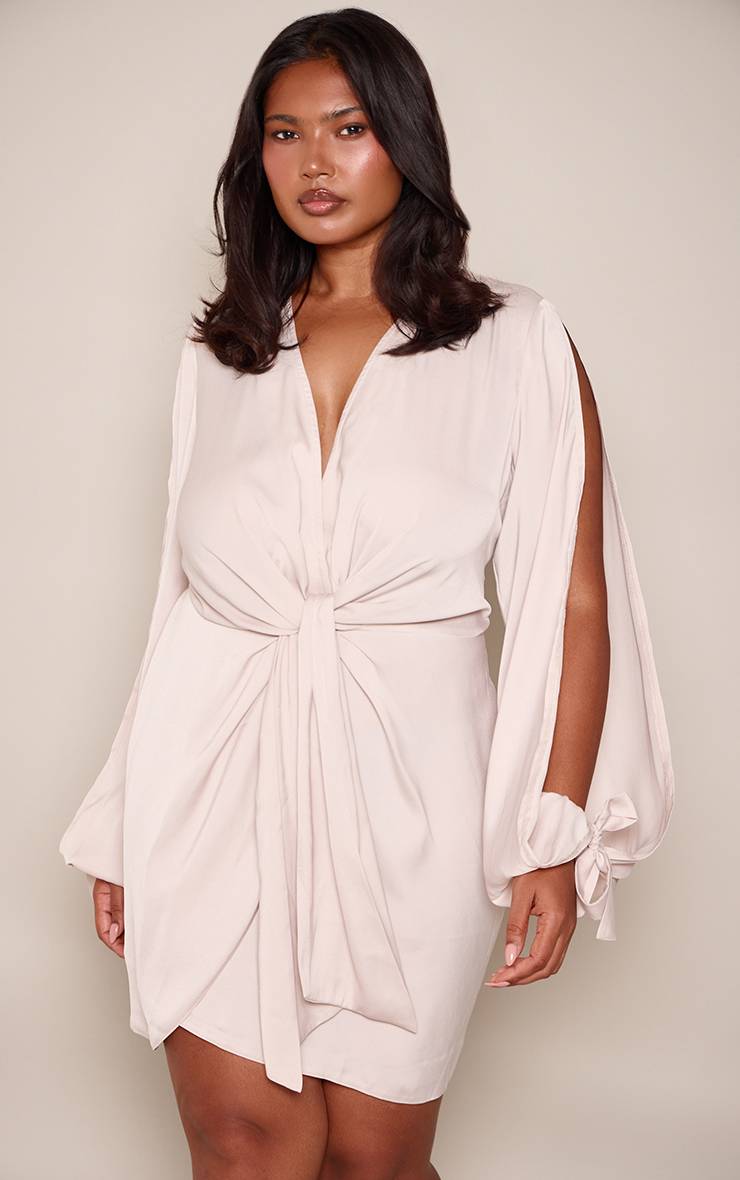 Gris Robe Portefeuille Grande Taille En Satin Brillant À Détail Torsadé Devant Et Manches Fendues