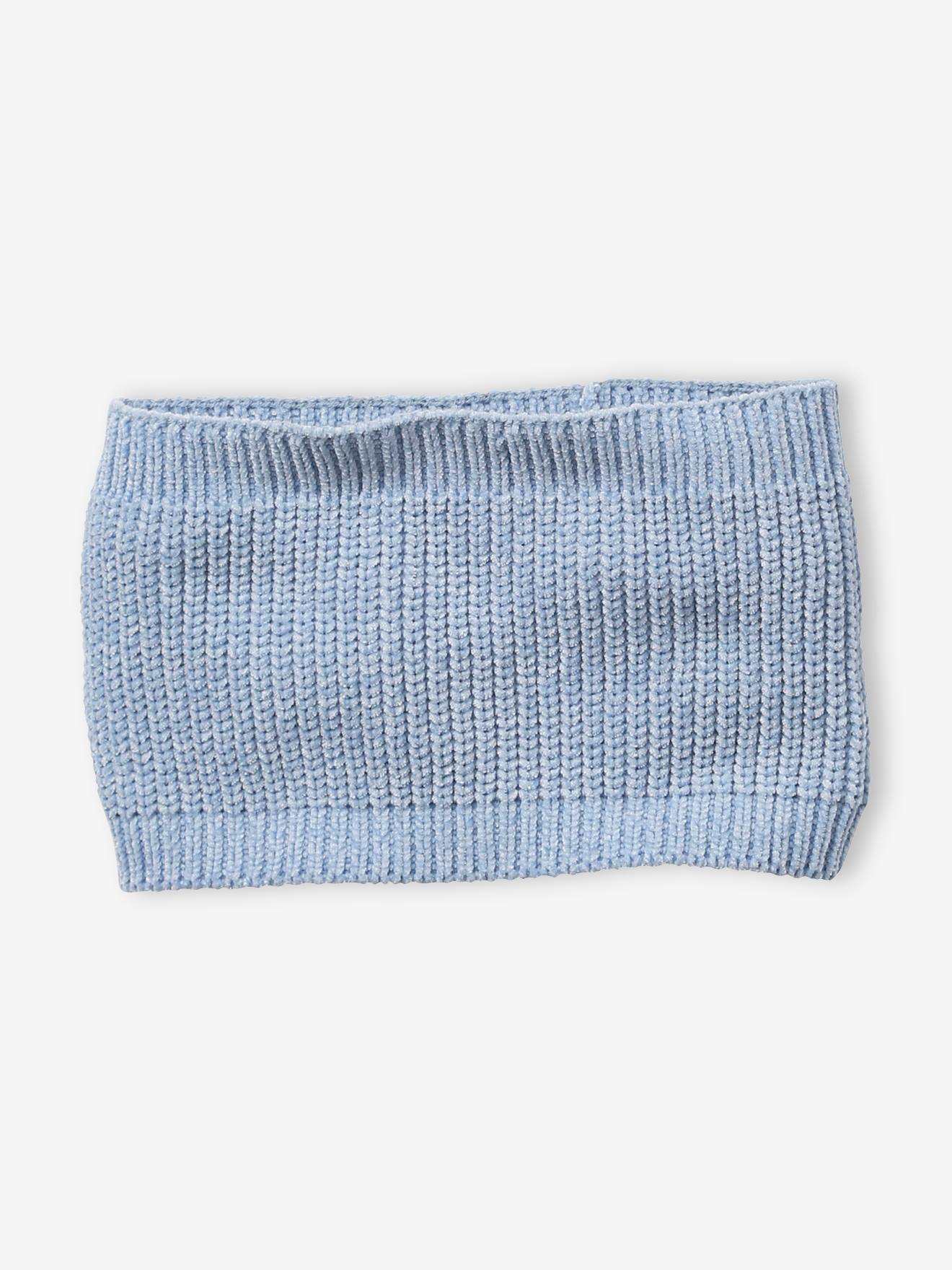 Conjunto de gorro, cachecol e luvas de chenille, azul claro mesclado para menina.