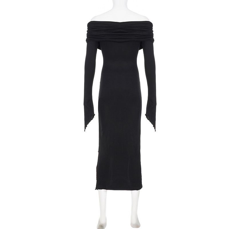 BrickBlack - Lange mouw off-shoulder effen asymmetrische ruche rand split maxi kokerjurk