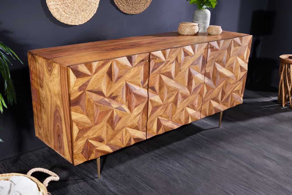 Massivholz Sideboard ALPINE 145cm braun Sheesham stone finish Metall matt gold