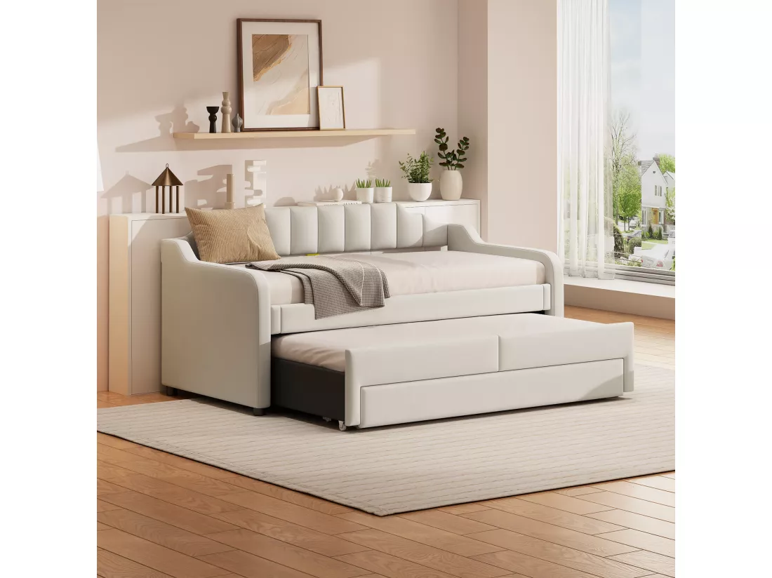Lit gigogne 90 x 200 cm + 90 x 190 cm avec 3 tiroirs, lit de repos - tissu en cotton lin - coloris beige