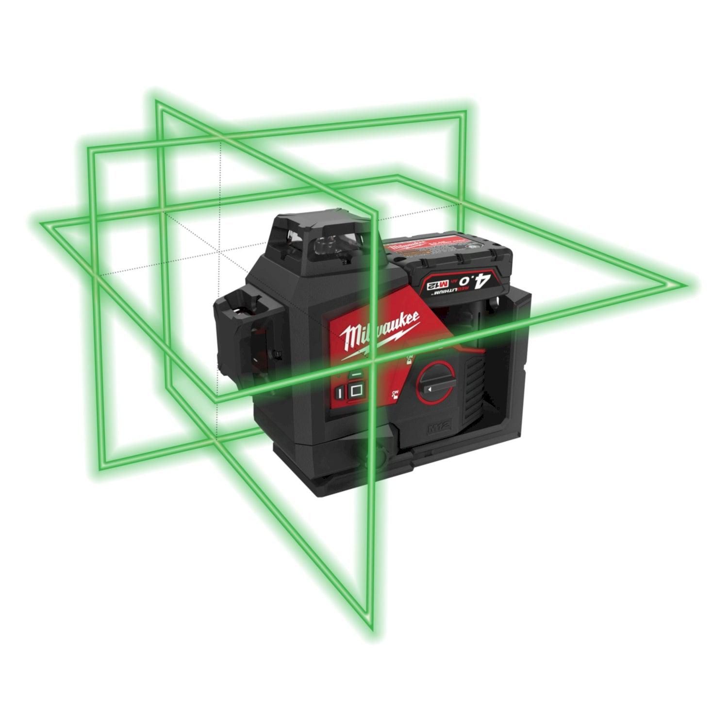 Milwaukee M12 3PLKIT-401P Accu kruislijnlaser 3x360° groen   laserdetector   statief 12V 4.0Ah in koffer - 4933478960