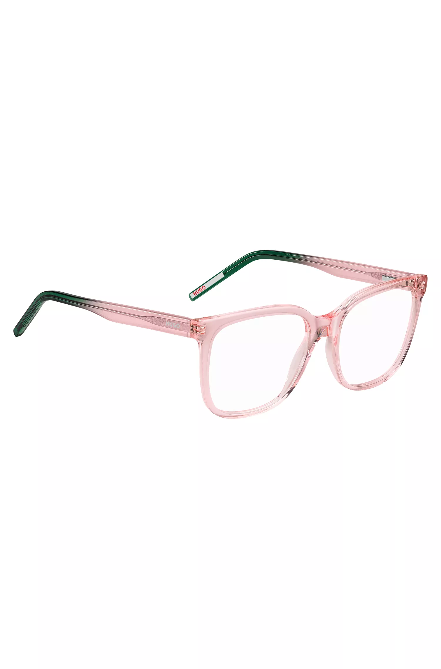 Armação de óculos HUGO em acetato vermelho-rosa com ponteiras verdes.