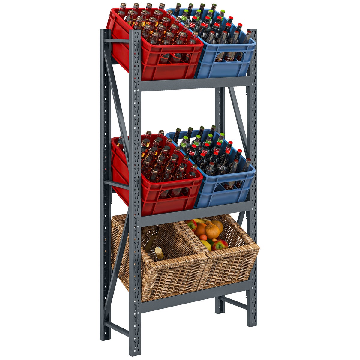 HOMCOM Drankkrattenrek voor 6 kratten, vrijstaand drankenrek met 3 verstelbare planken, krattenrek, 80 x 30 x 160 cm, staal, grijs