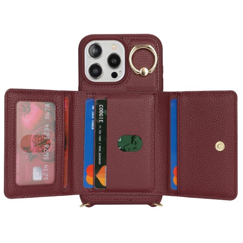 iPhone 15 Pro Max Necklace Leder Hülle mit Münzfach und Kartenfächer   Finger Griff Halterung   Handykette - Weinrot