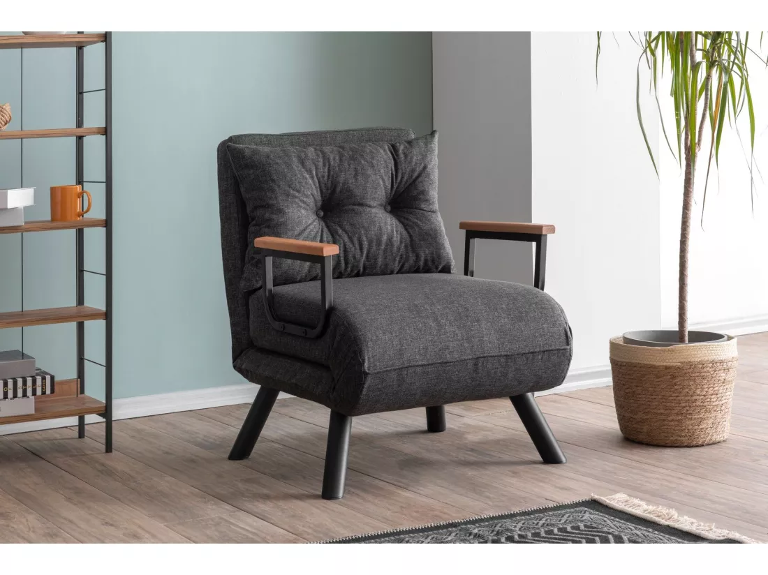 Fauteuil convertible Yolanda Métal Noir et Lin Gris foncé