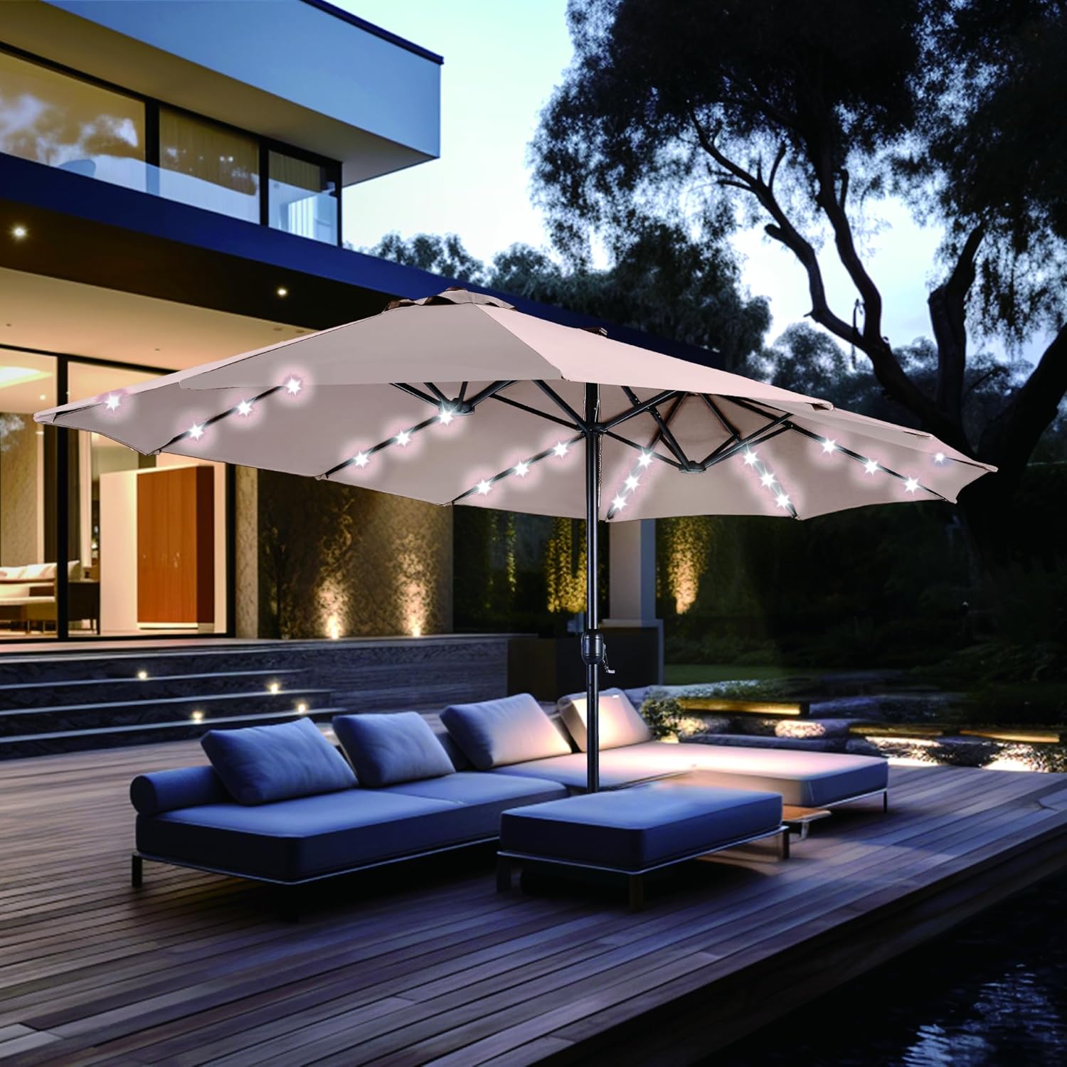 PHI VILLA Sonnenschirm Rechteckig mit Ständer Groß 450×270cm für Garten Terrasse Gartenschirm mit LED Kurbel UV Schutz Parasol Windfest