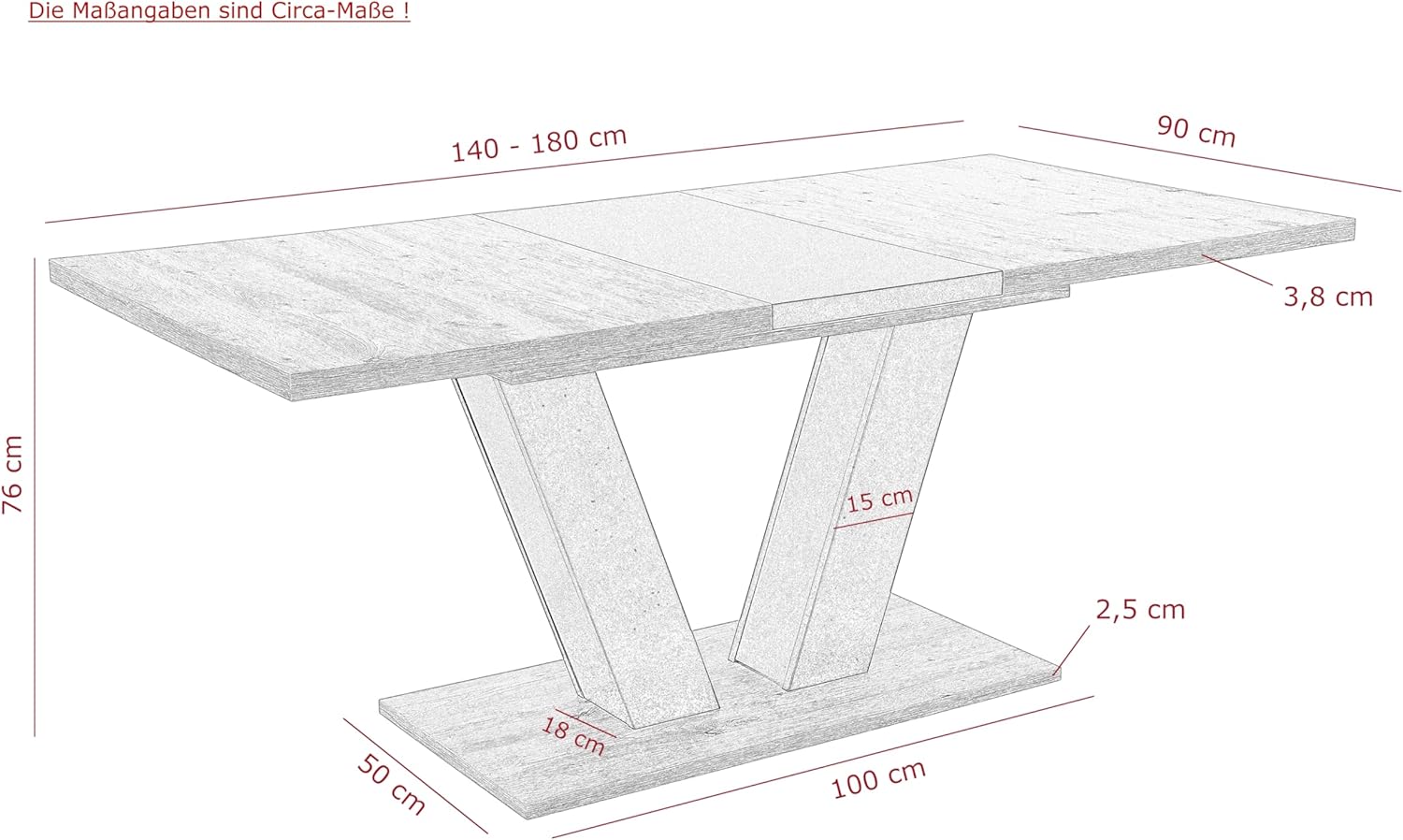 Hela Tische, Ausziehbarer Esstisch Hamm, Dekor Artisan Eiche und Schwarz, 140-180 x 90 cm, V-förmiges Gestell, Synchronauszug, Melaminbeschichtung und ABS Kante
