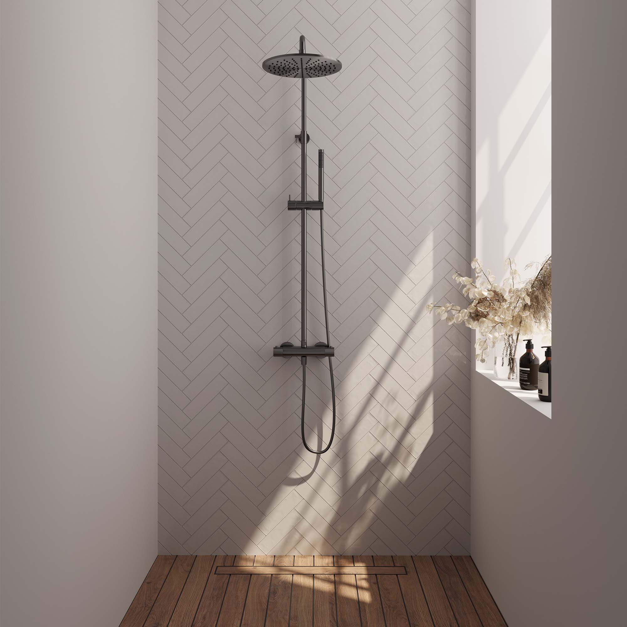 Brauer Gunmetal Carving opbouw regendouche met 30cm douchekop en staafhanddouche gunmetal geborsteld PVD