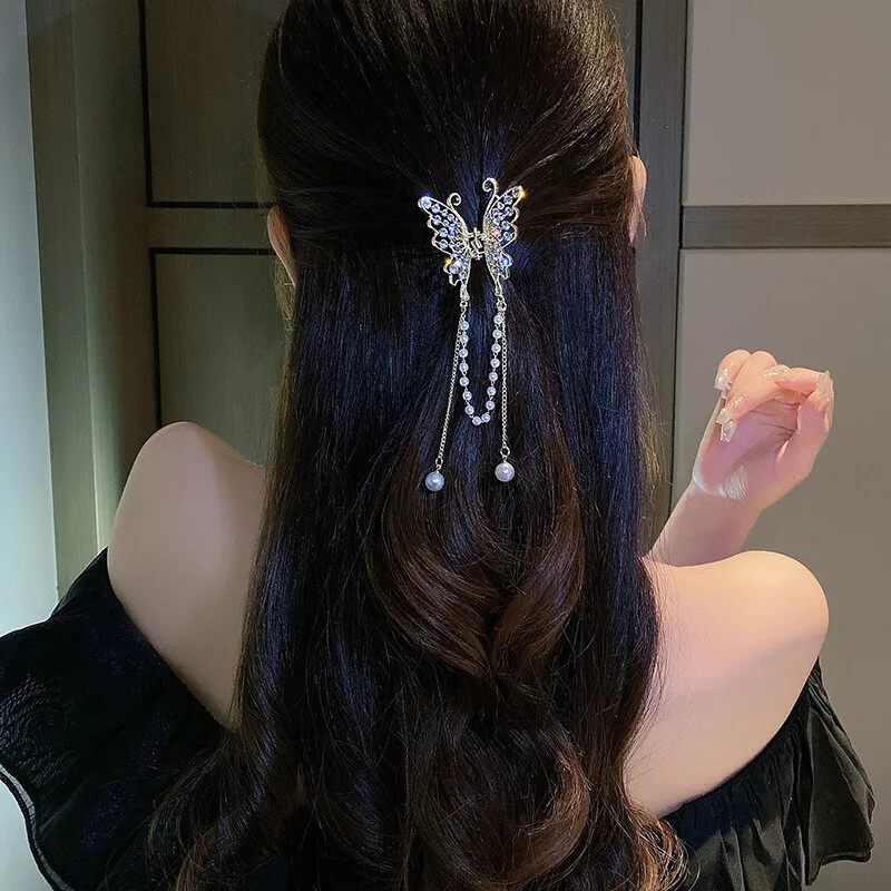 (5cm) Haarspange Klammer Strass Krallen Clip Haar Accessoire Schmetterling mit Perlen Anhänger - Gold / Weiss