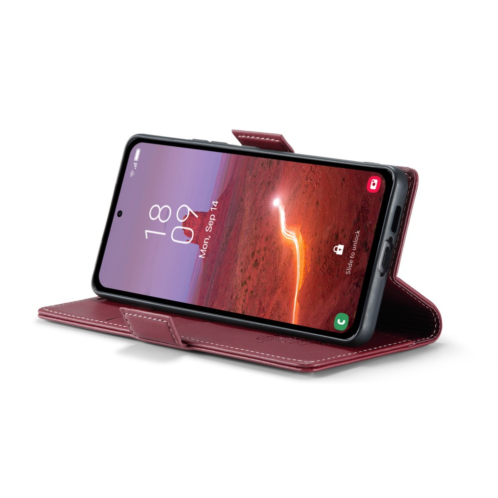 Samsung Galaxy A55 Leder Tasche Flip Wallet Etui mit Kartenfächern Litchi Look (RFID Schutz) - Dunkelrot