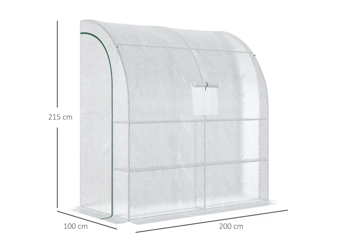 Serre de jardin adossée serre adossée dim. 2L x 1l x 2,13H m 4 étagères 2 portes zippées 1 fenêtre acier PE haute densité blanc