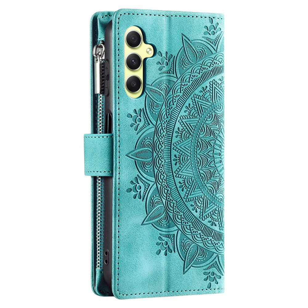 Samsung Galaxy A55 Leder Tasche Flip Cover mit Reissverschluss - Mandala Flowers Imprint - Türkis