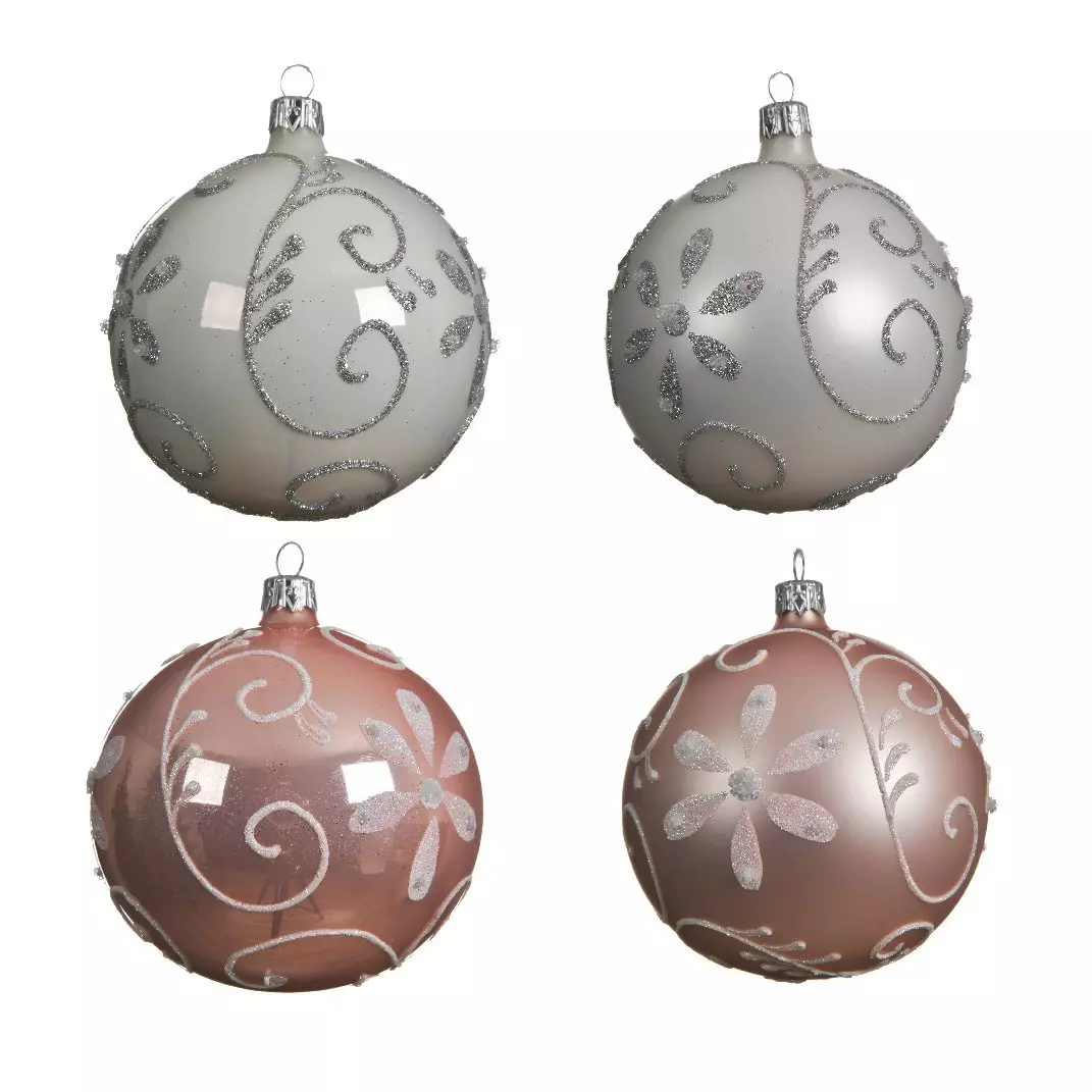 Lot de 4 boules de Noël en verre (D100 mm) Floris Blanc/ Rose