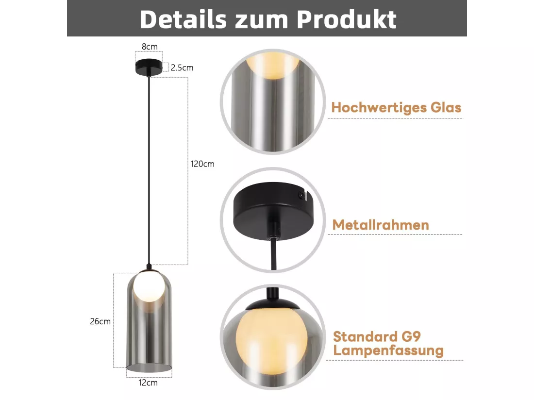 Lampe à Suspension 1er Vintage Pour Table à Manger Gris Fumé G9 Ovale Hauteur Réglable Pour Salon