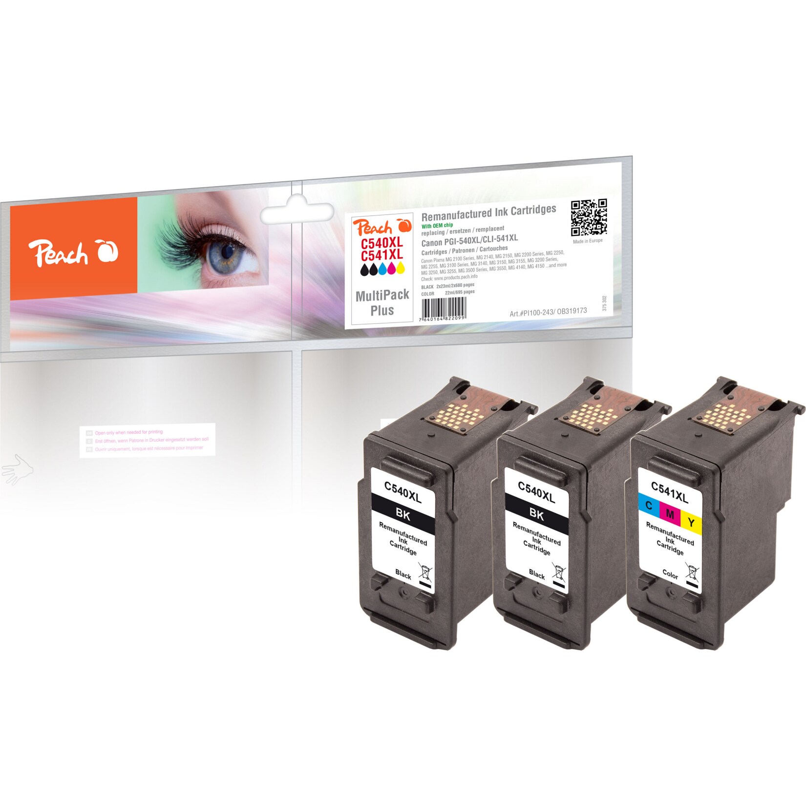 Peach C540 XLBK 3 Druckköpfe XL (2*bk, col) ersetzt Canon PG-540XLBK*2, CL-541XLC, 5222B005, 5226B004 für z.B. Canon Pixma TS 5150 (wiederaufbereitet)