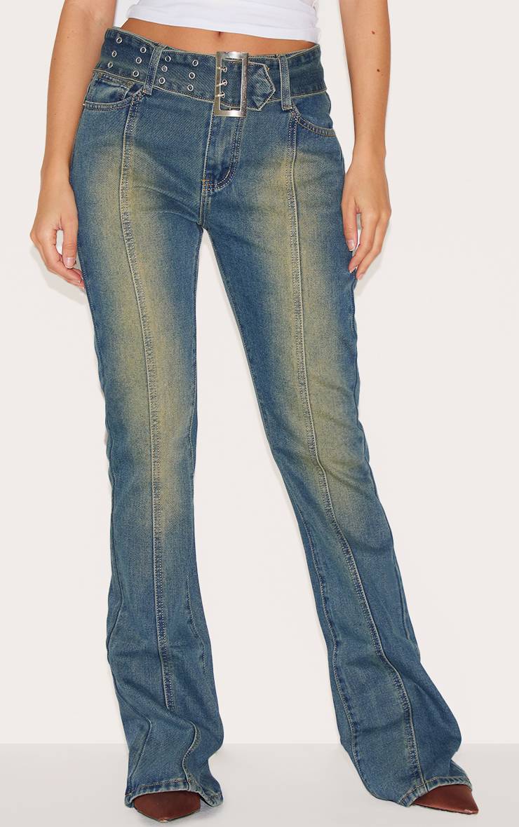 Indigo Vintage Wash Jean Évasé À Couture Frontale Avec Ceinture