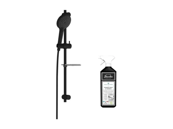 Pommeau de douche VITRA Aquaheat Bliss 3 jets noir mat avec barre, porte savon et flexible + nettoyant Briochin