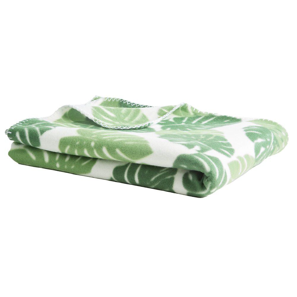 Plaid polaire à motif feuillage vert blanc