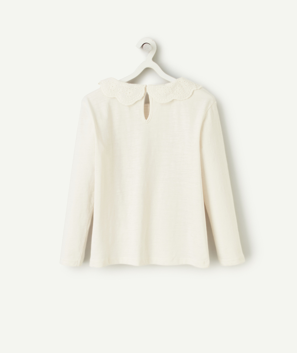T-SHIRT FILLE EN COTON BIOLOGIQUE ÉCRU AVEC COL CLAUDINE BRODÉ