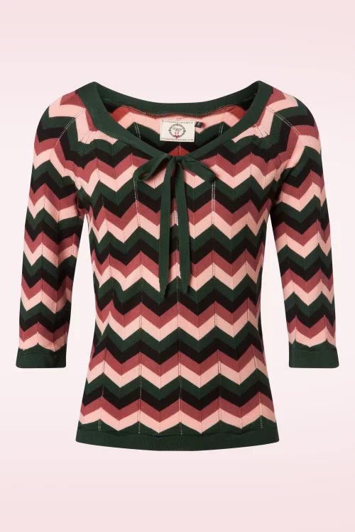 Banned Retro Zooey Zig Zag Bow Top in groen en roze