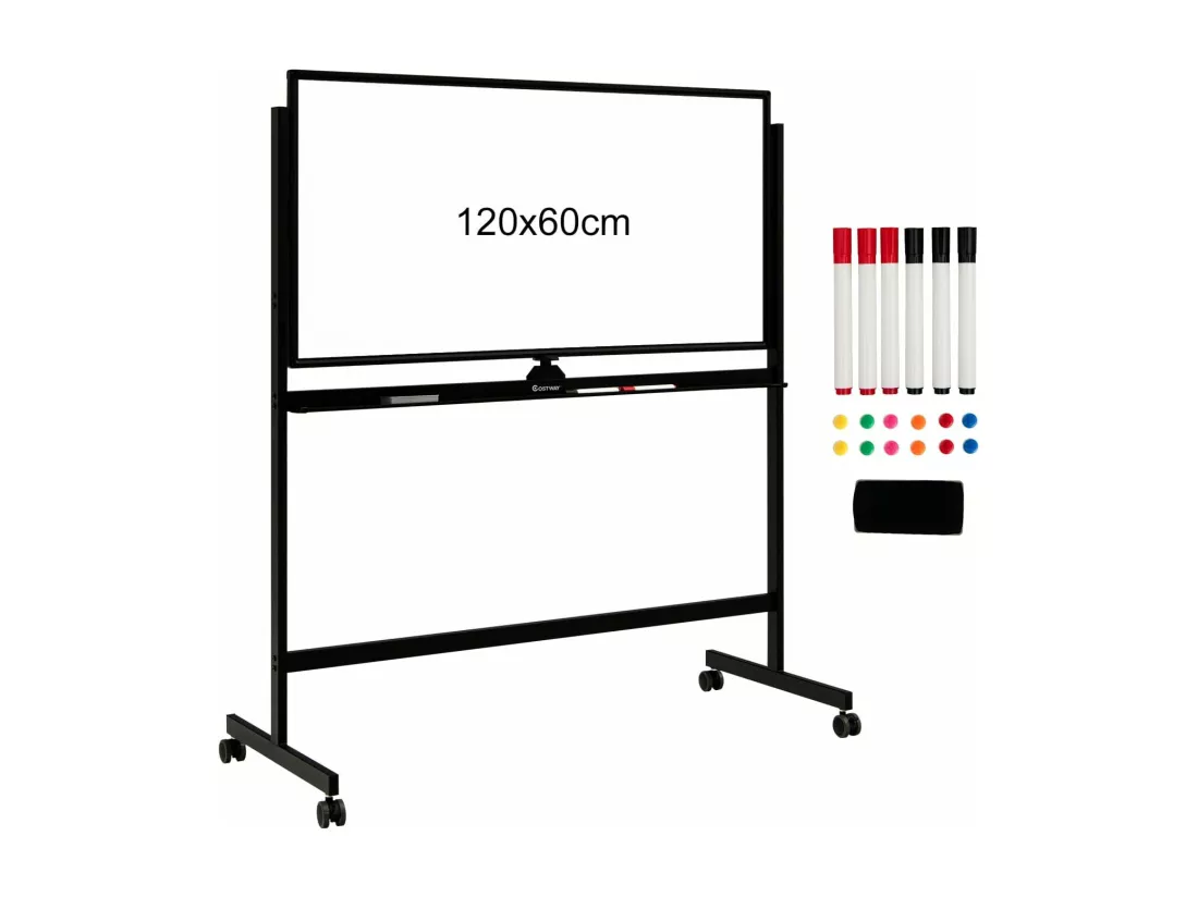 Tableau Blanc Magnétique 120x60cm Double Face Réversible 360° Mobile 2 Hauteur Effaçable à Sec 12 Aimants 6 Marqueurs Blanc